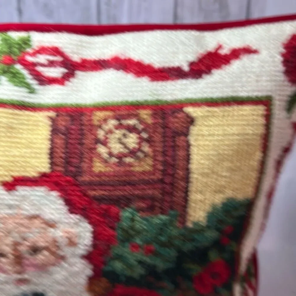Vintage Christmas Santa Cross Stitch Velvet‎ Throw Pillow 13”x12”
